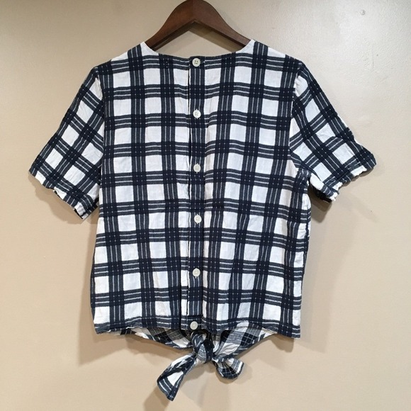 Madewell Plaid Tie Front Top Women XL Blue White Button Back Preppy Picnic Casua - Picture 6 of 11
